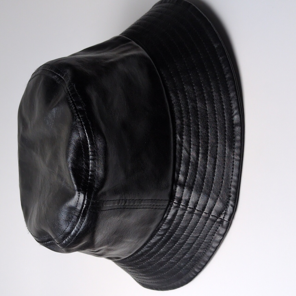 Black Vegan Leather Bucket Hat Adult One Size - Picture 5 of 14